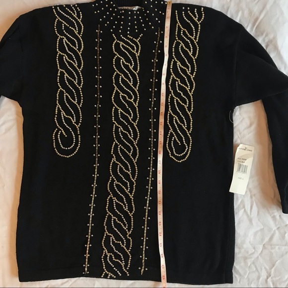 Vintage 80s NEW Womens Beaded Sweater Black Gild Silver Beads Large EMBELLISHED - Picture 2 of 8